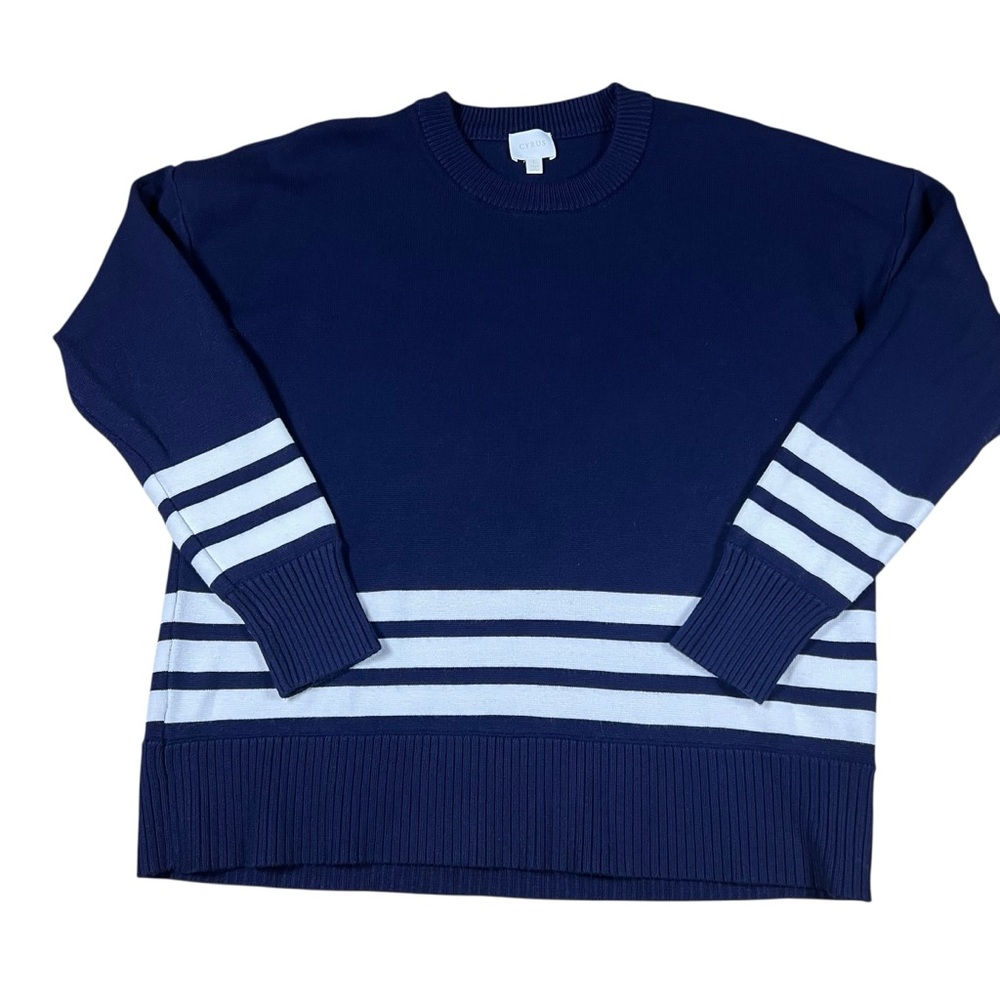 Cyrus Navy Blue Striped Crewneck Sweater Size Large‎